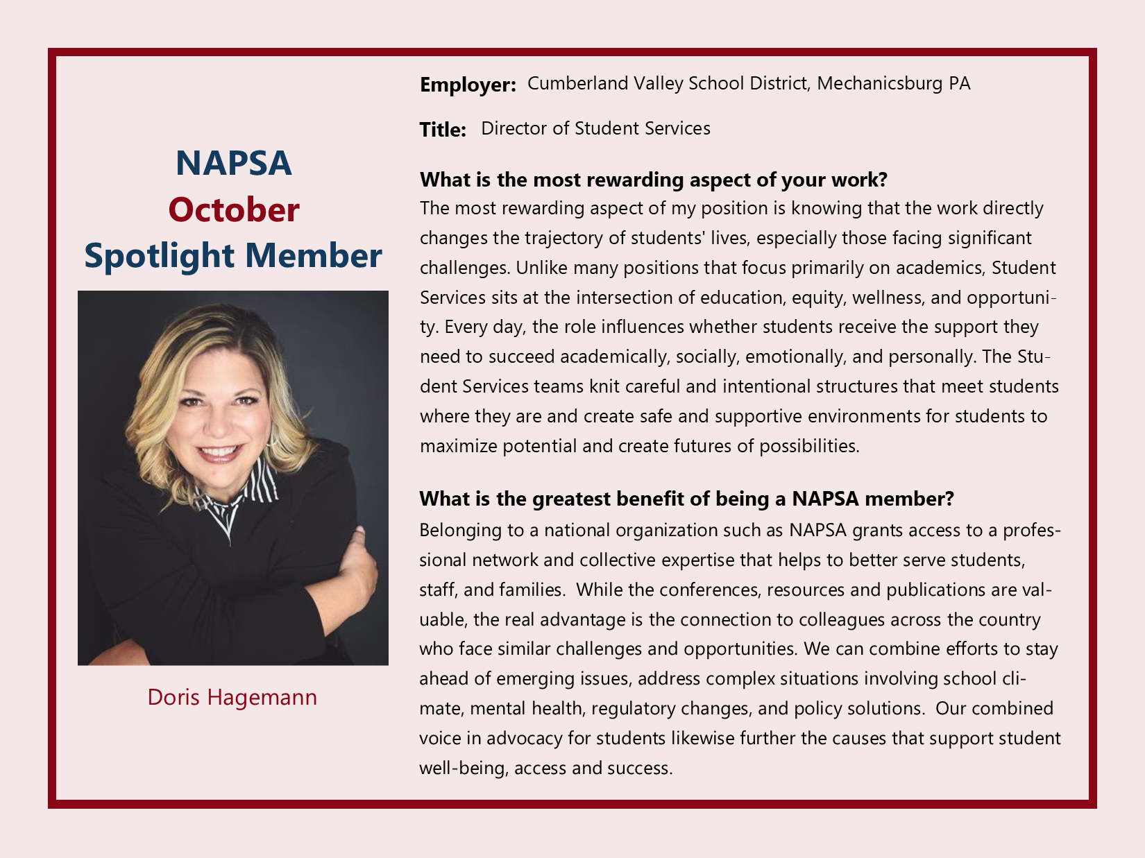 10 - October 2026 Spotlight - D. Hagemann Slider Read the September Spotlight Member interview with Doris Hanemann, Director of Student Services